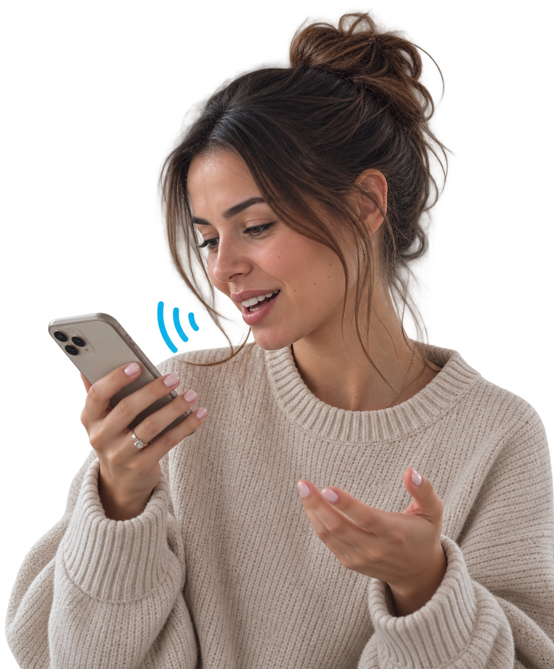 A woman talking to Talkin's AI voice agent on her phone