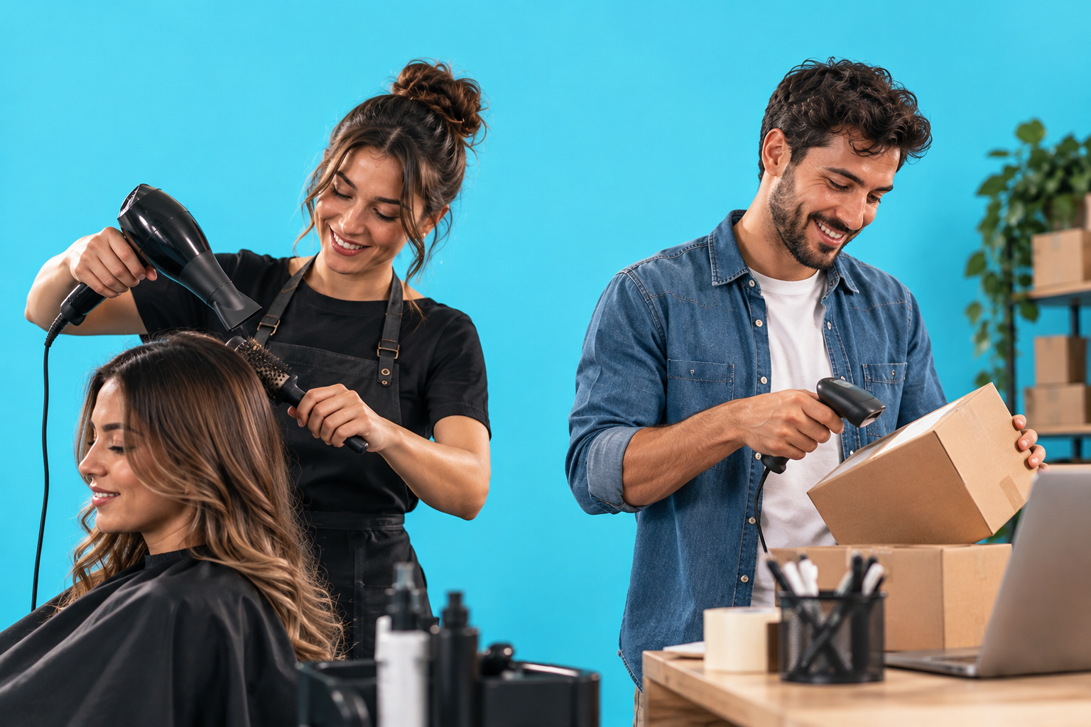 A hairdresser blow-drying a client while a shop owner scans a parcel for dispatch